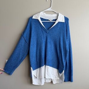 Wonderly Blue V-Neck Sweater with White Layered Collar